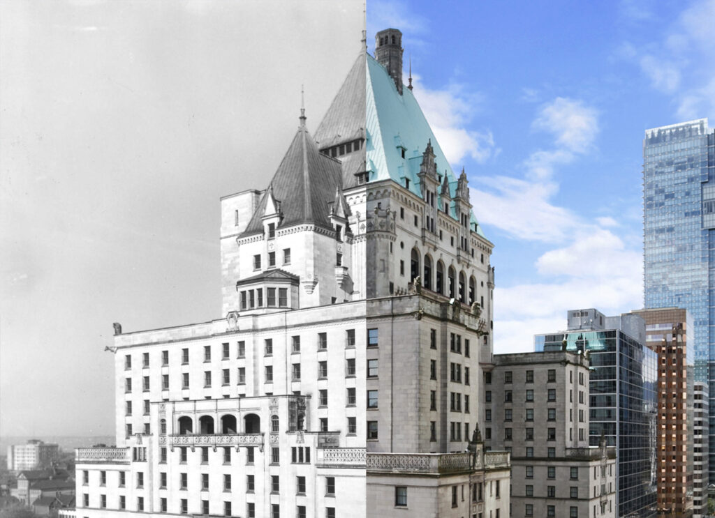 photo split showing exterior of Hotel Vancouver in 1939 and present day
