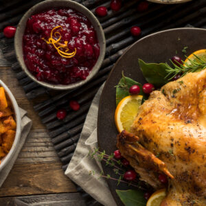 Close up of cranberry sauce and turkey